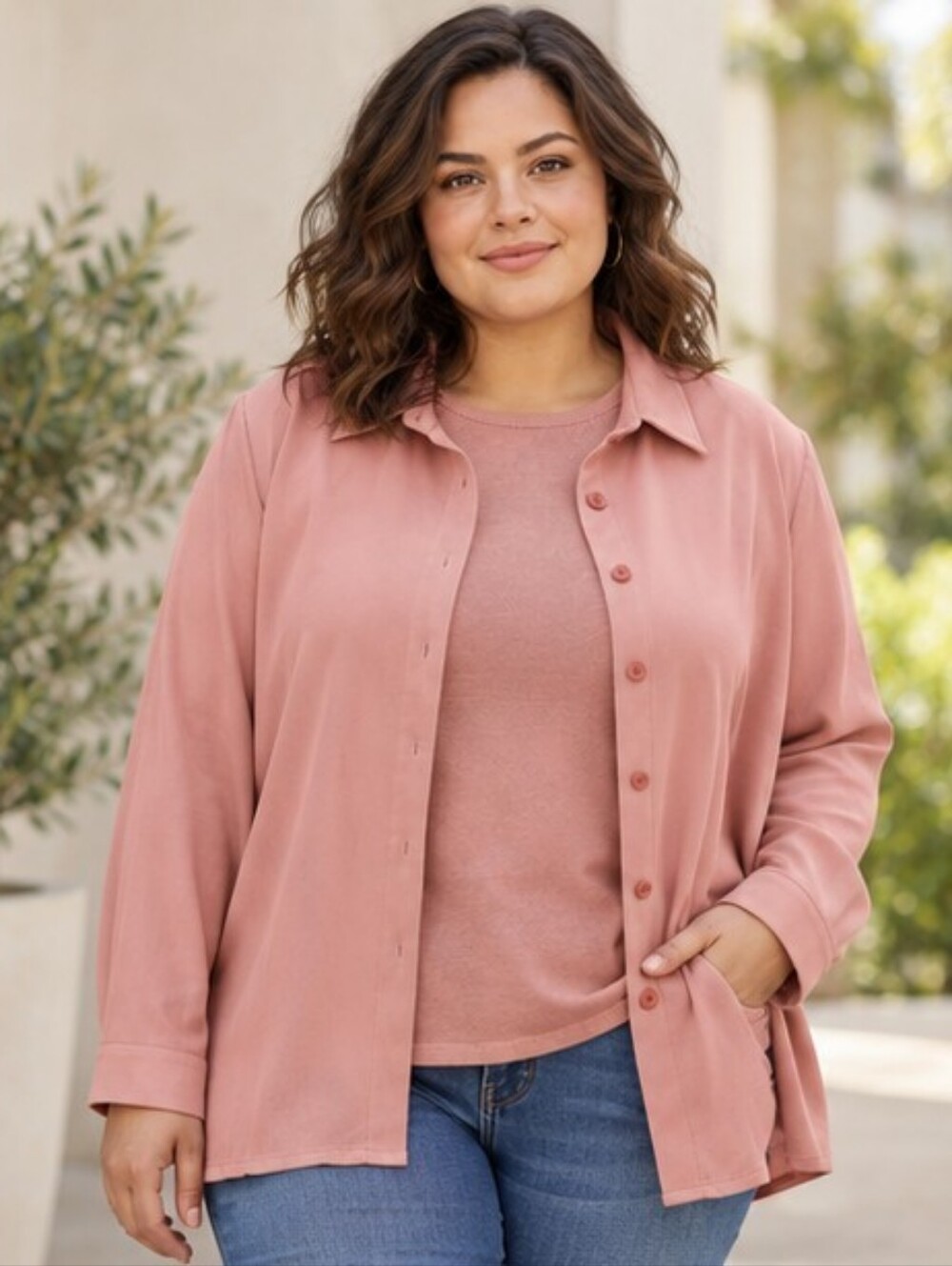 DRAPER'S & DAMON'S | Dusty Rose 2 Piece Top & Button Shirt Set - 2X